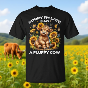 T-shirt Promozionale Mucca Highland Soffice con Girasole - Scusa per Essere in Ritardo - Product Image 3