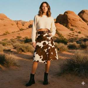 <b>Cow</b> <b>Print</b> 100% Genuine Leather <b>Skirt</b> Mid-Length Belted Women's Fashion Eoin Winston Sports Garments - Product Image 1