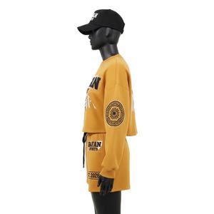 Ensemble sweat-shirt et short pour femme 100% coton de haute qualité, tissu molletonné chaud et doux, couleur moutarde, logo, ensembles pour femmes - Product Image 3