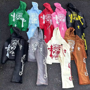 Chándales de algodón OEM Sudadera con capucha Patchwork pantalón hombres chándal para hombres apilados Joggers acampanados hombres dos piezas Jogger conjuntos - Product Image 1