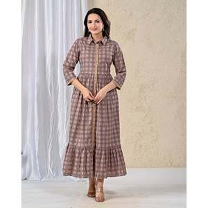 Vestido Largo Estampado de Algodón Beige con Cintura Imperio, Estilo Casual Hippie para Fiestas de Cumpleaños, Trabajo de Oficina, Uso Diario, Tallas XS-XL, Personalizable ODM - Product Image 3