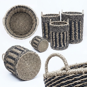 Natural Seagrass Recycled <b>Plastic</b> <b>Basket</b> Set Vertical Rib Stripe Arch Handle Cylinder Pot Planter Pure Art Setup Room Decor Art - Product Image 3
