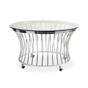 Table basse en laiton avec finition en verre Antique, meuble de salon de forme ronde, Table basse en verre - Product Image 3