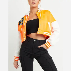 Top corto a prueba de viento de Invierno para mujer con cuello redondo chaquetas universitarias con mangas de cuero de vaca transpirable estilo corto de béisbol - Product Image 3