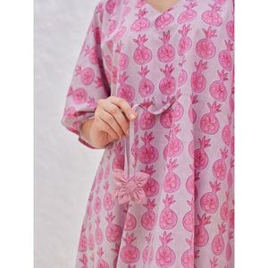 <b>Pink</b> Pineapple Print <b>Kaftan</b> Dress V-Neck Loose Maxi Batwing Sleeve Cover-Up Breathable Woven 100% Polyester 1 Piece - Product Image 4