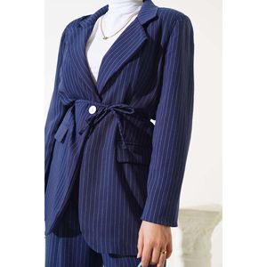 Conjunto de chaqueta a rayas con cintura Azul Marino - Product Image 3