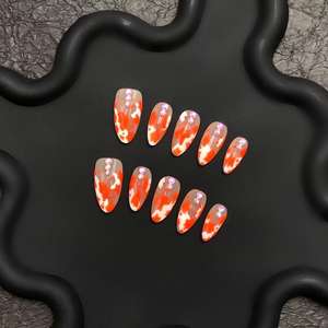 Faux ongles de luxe courts forme cercueil à presser, motif carré orange, 24 pièces, en acrylique, style salon mignon pour femmes - Product Image 4