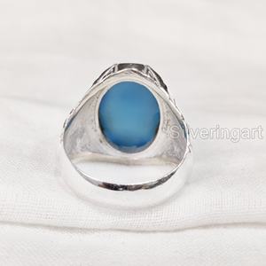 Recién llegado, anillo para hombre, piedra preciosa de Calcedonia azul Natural, anillo de piedra natal, todos los tamaños, joyería fina árabe, anillo de Plata de Ley 925 - Product Image 5