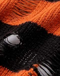 Customized Orange <b>Black</b> Striped Distressed Crochet Knit Cropped Sweater Women <b>Long</b> Flare Sleeve Lace Up Hollow Fashion <b>Top</b> - Product Image 6