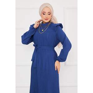 Robe modeste plissée indigo épaules à volants motif floral élégant Empire One s'adapte à tous les ODM soirée formelle tenue de soirée XS 6XL - Product Image 4