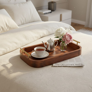 Classic Antique Wooden Serving Tray | Hexagonal Design Brass Handles | <b>Tea</b> <b>Drink</b> Breakfast Tableware - Product Image 2