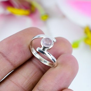 Rose Quartz Adjustable <b>Ring</b> Natural Pink Round Cabochon Gemstone Sterling Silver Minimalist <b>Open</b> Band <b>Ring</b> - Product Image 1