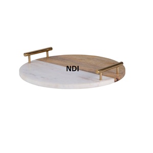 Rounded Wood & <b>Marble</b> <b>Tray</b> With Gold Plated Handle Food Drink & Breakfast Serving Dishes <b>Tray</b> - Product Image 1