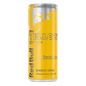 Topikal aromalı yeni sarı baskı Redbull, abd'den toptan fiyatlarla karbonatlı enerji içeceği tatlandırıldı