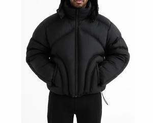 Abrigos con capucha de plumón de pato grueso cuadrado de invierno con logotipo personalizado del fabricante, chaqueta acolchada negra brillante para hombre - Product Image 1