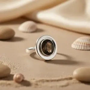 925 <b>Silver</b> Smoky Quartz <b>Ring</b> for Women Handmade Boho Style <b>Statement</b> Jewelry Rhodium Plated Topaz Inlay Dainty Setting - Product Image 1