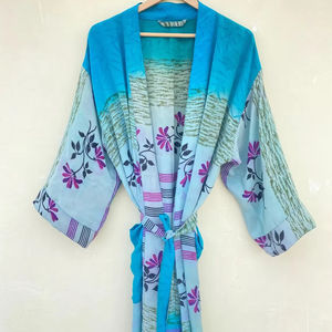 Indian Handmade Vintage Silk Sari Kimono Sleep <b>Robe</b> High-quality V-neck Drawstring Closure Quick <b>Dry</b> Breathable Soft Smooth Free - Product Image 1