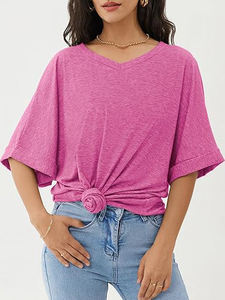 เสื้อยืดคอวีแขนสั้นลายกุหลาบสีพื้นสำหรับฤดูร้อนของผู้หญิงเสื้อยืดพิมพ์ลายเองได้แฟชั่นฤดูร้อนผ้าแคนวาสแบบว่างเปล่า - Product Image 5