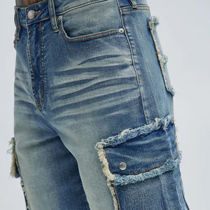 Shorts en jean cargo pour hommes, bleu marine, décontractés / Service OEM pour les acheteurs en gros, couleur unie, prix de gros, logo personnalisé avec fermeture à boutons - Product Image 5