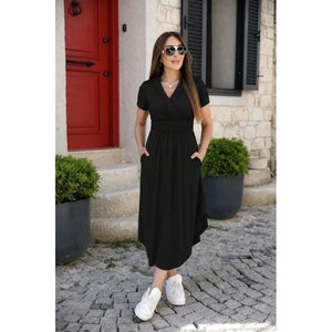 Robe en viscose à manches courtes et col mandarin pour femme, 35422 - Noir - Product Image 1