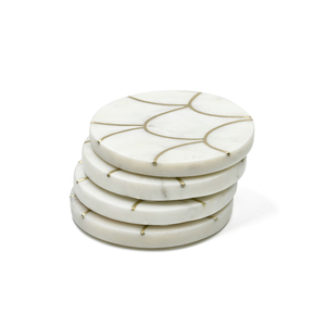 Premium Indian White <b>Marble</b> <b>Coaster</b> Set Brass Inlay Custom Size Eco-Friendly Modern 4" Diameter Stylish Table Decor Home Hotel - Product Image 2