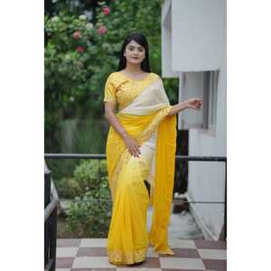 Sari Amarillo Tradicional de Georgette Pesado de Ethnics World Creation, de Secado Rápido para Bodas y Fiestas - Product Image 1