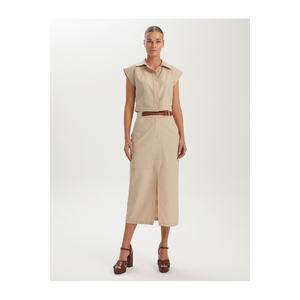 Jupe midi décontractée pour femme en mélange de coton à taille haute avec détail ceinture en cuir, respirante et écologique - Product Image 3
