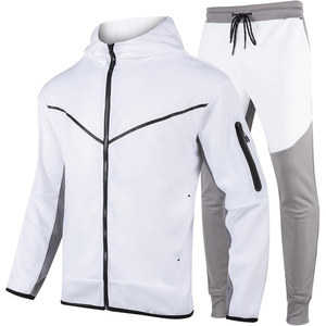 Chándales blancos/gris ceniza para hombre, chándal para hombre, chándal con capucha, chándal de manga larga con cremallera completa, pantalones de chándal para correr, 2 piezas - Product Image 1