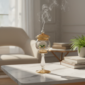 Brûleur d'encens en verre soufflé à la main LW68 Premium 20 cm, résistant à la chaleur, motif doré, art populaire égyptien, pour Bakhoor Oud - Product Image 2
