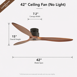 42 Inch Low Profile Walnut Ceiling <b>Fan</b> No Light with <b>Remote</b> <b>Control</b> 3 Solid Wood Blades for Bedroom - Product Image 5