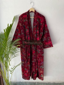 Wholesale Lot Indian Cotton Velvet Printed <b>Kimono</b> With Belt Winter Unisex <b>Robes</b> Handmade <b>Long</b> <b>Kimono</b> Sleepwear - Product Image 3