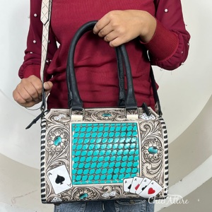 Western Hand Tooled Genuine Leather Speedy Duffle <b>Bag</b> With Turquoise Inlay Floral Carving & Card Design <b>Shoulder</b> <b>Bag</b> for Women's - Product Image 1