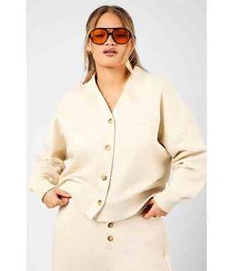 Ensemble de survêtement pour femme en nylon/coton, 2 pièces, long, uni, brodé, avec détails boutonnés, crème, pour l'hiver - Product Image 1