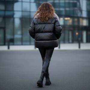 Chaqueta de cuero acolchada fina a cuadros para mujer con cuello de piel de zorro y cierre de cremallera, cortavientos, ropa de calle de invierno, 85% plumón - Product Image 4