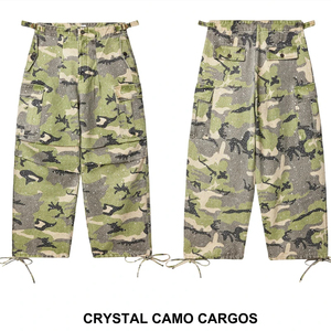 Custom Vintage Wide <b>Leg</b> Oversize Baggy Flared <b>Pants</b> Camouflage Multi Pockets Rhinestone Crystal Camo Cargo <b>Pants</b> Men - Product Image 2