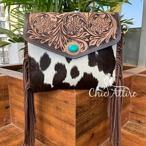 Bohème usiné à la main en cuir de vachette frange bandoulière sac à main pour femmes Western en cuir véritable Turquoise pierre enveloppe sac à main - Product Image 1