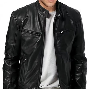 Veste en similicuir vintage décontractée, col montant en PU, fermeture éclair sur le devant, coupe classique, poches de moto, pour homme - Product Image 1