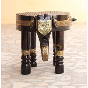 Juego de taburetes decorativos de mesa de madera con trabajo de latón con diseño de elefante y consola con incrustaciones de hueso de tallas intrincadas para el hogar, Oficina - Product Image 2