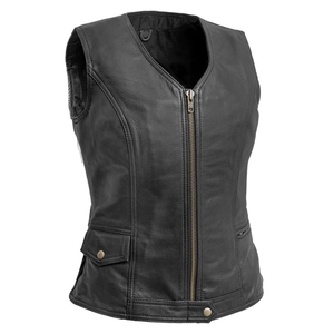 Venta caliente Chaleco de cuero genuino para mujer etiqueta privada personalizada diseño único a prueba de viento cierre de cremallera Color sólido de punto alto - Product Image 1