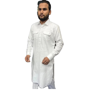 Pyjama Kurta traditionnel 100% coton avec double poche blanche col rabattu manches longues pour les fêtes-exporté - Product Image 2