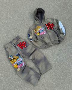 Sweat Jogger Stacked <b>Pants</b> Tracksuit Set 2 Piece Sets Sweat Suits Custom Puff Print Washed <b>Cropped</b> Hoodie and Sweatpants Set - Product Image 3