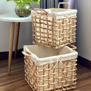 Vente en gros Panier de rangement fait main en rotin jonc de mer en bambou jacinthe d'eau avec poignées et doublure en coton Décoration intérieure - Product Image 4