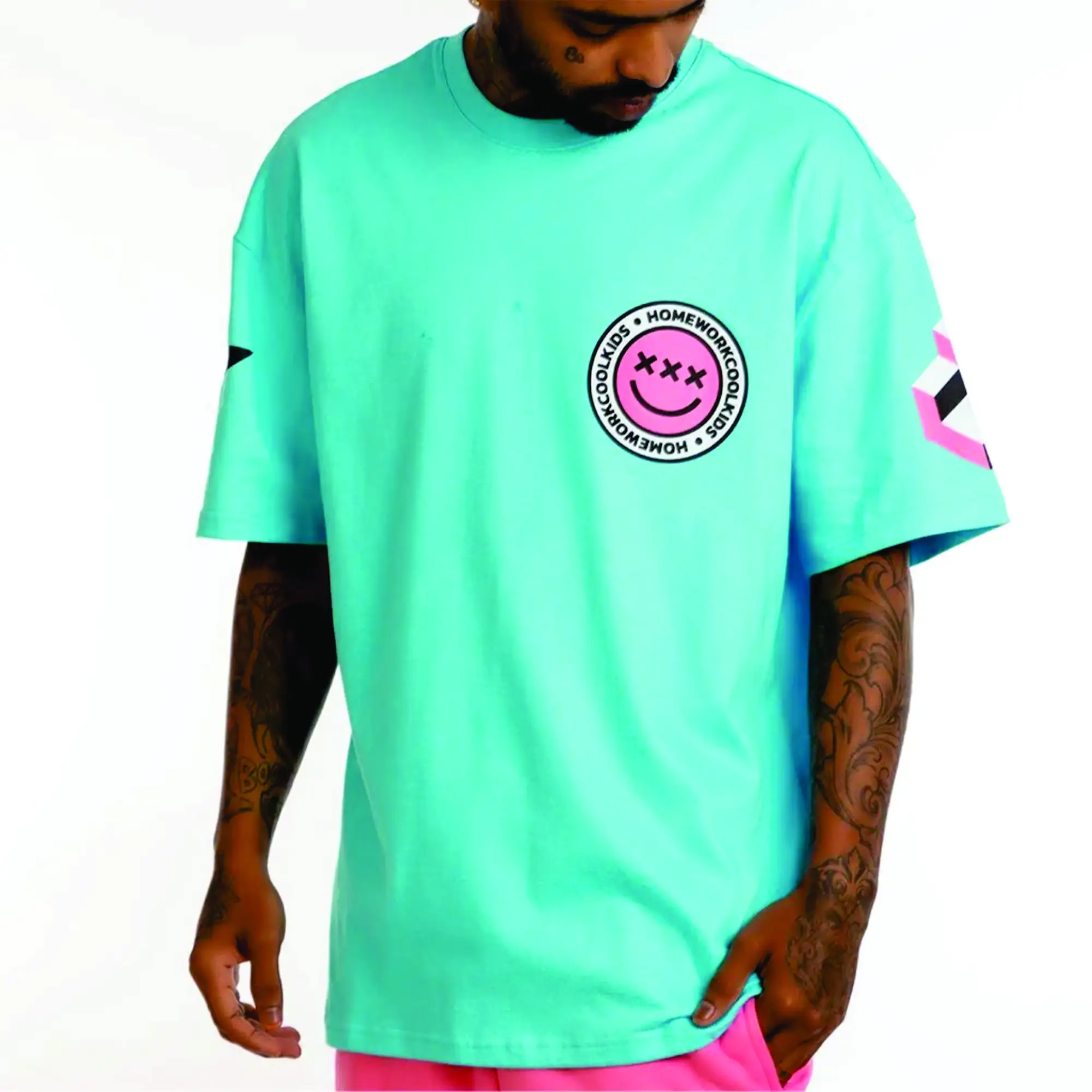 Hochkragen himmelblau und weiß Herren Hip-Hop-Hemd: Übergroßes Street-Stil-T-Shirt von individuellem Hersteller