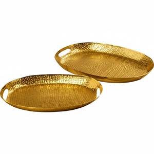 Bandeja de Servir Ovalada de Metal Martillado Dorado de Alta Calidad con Asas, Plato Decorativo de Aluminio para el Hogar, la Cocina y Eventos - Product Image 1
