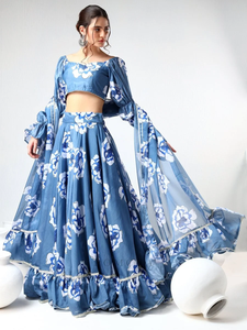 SADABHAR POLVO AZUL CLAVEL ORGANZA LEHENGA SET Seda Impreso Gul Fiza Lehenga Choli - Product Image 4