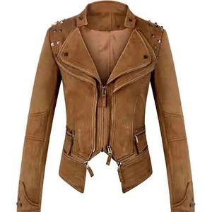 Veste de motard en peau de mouton respirante pour femme, personnalisée, en coton tricoté, avec rivets et clous, coupe ajustée, vente en gros - Product Image 2