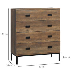 HOMCOM 4 <b>Drawer</b> <b>Chest</b> <b>of</b> <b>Drawers</b> in Chipboard and Metal for Living Room and Bedroom, 80x39x95 cm, Brown - Product Image 3