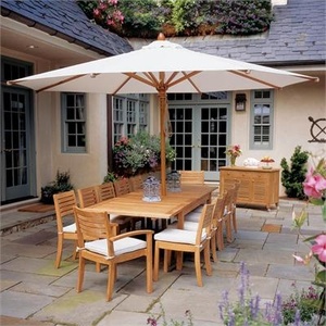 <b>Wooden</b> Rectangle Outdoor <b>Dining</b> <b>Table</b> Set With Umbrella 8 Seating Capacity <b>Rustic</b> Modern Design For Courtyard Use - Product Image 1
