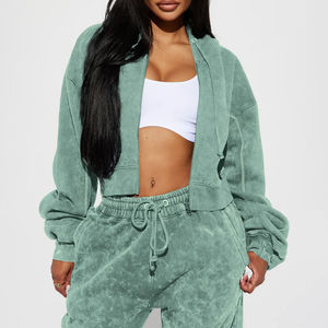 Ensemble de survêtement personnalisé avec logo, jogging épais, sweat à capuche splicé et délavé, sweat à capuche orné de strass, sweat à capuche court, ensemble de pantalons de survêtement amples - Product Image 2