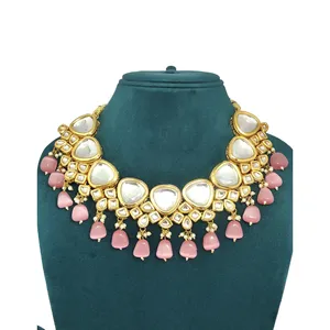 Parure de collier Kundan double couche complexe, plaqué or rouge clair, bijoux raffinés pour mariages, avec zircon et acier inoxydable - Product Image 3